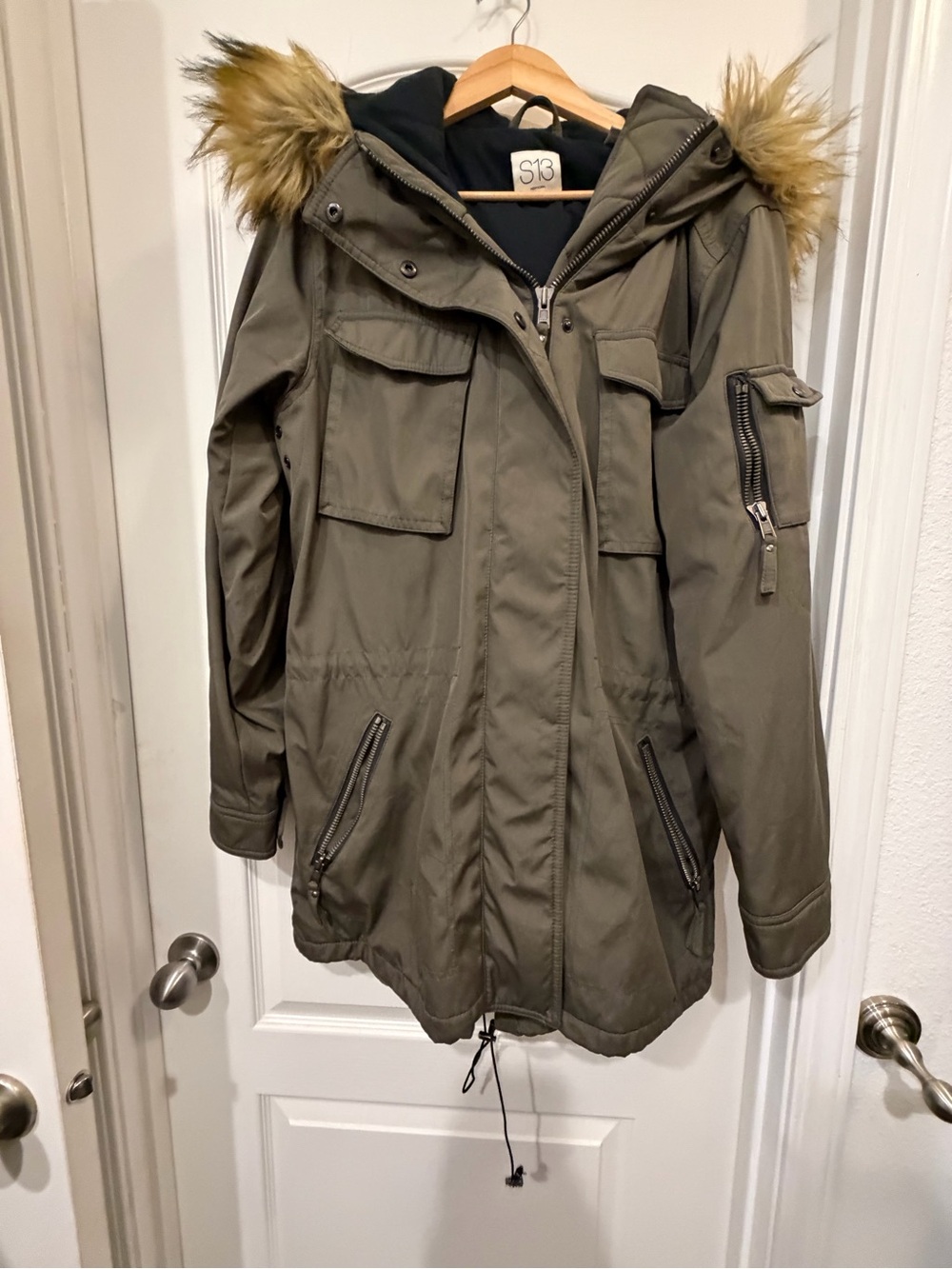 S13 Olive Utility Parka Jacket with Faux Fur Hood